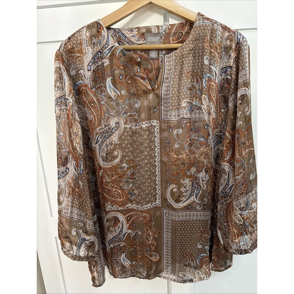 Chico's Sweaters - Chicos Top Shirt Blouse Womens Size 3 US XL Brown Paisley Sheer Light V Neck